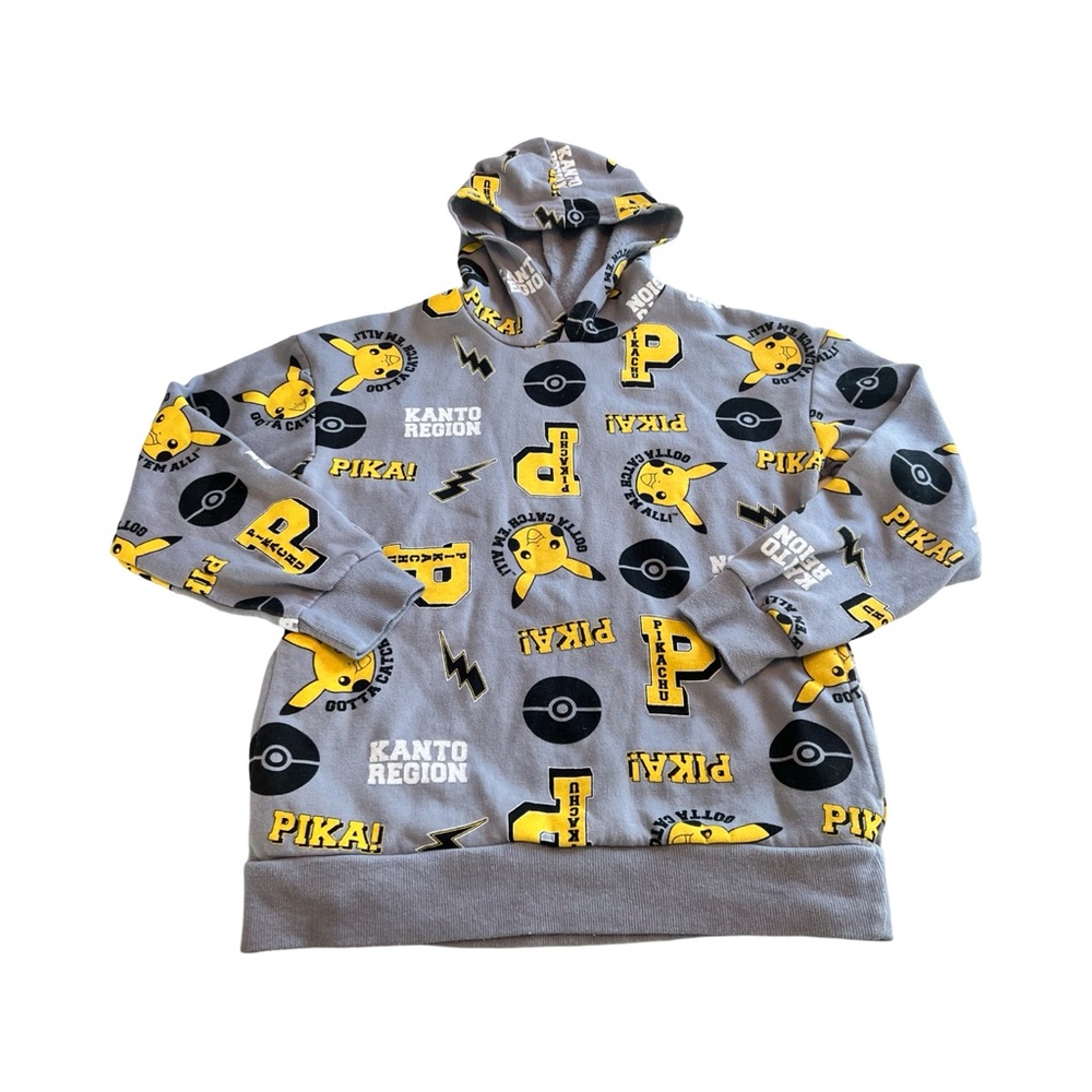 Pokemon Pikachu Kanto Region All Over Print Hoodie Gray Yellow Kids‎ Medium M